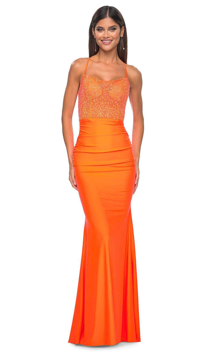 La Femme 32325 - Rhinestone Embellished Sleeveless Prom Dress Evening Dresses 00 / Bright Orange