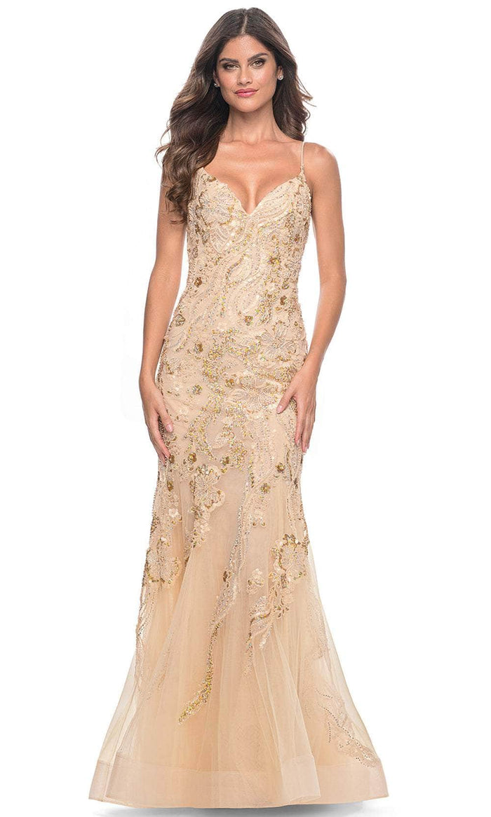 La Femme 32333 - Sleeveless Beaded Mermaid Prom Dress Evening Dresses 00 / Champagne