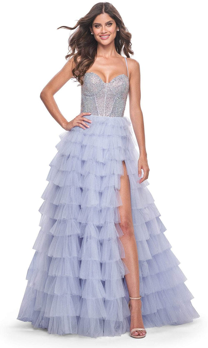 La Femme 32335 - Sweetheart Neck Rhinestone Embellished Ballgown Prom Dresses 00 / Light Periwinkle
