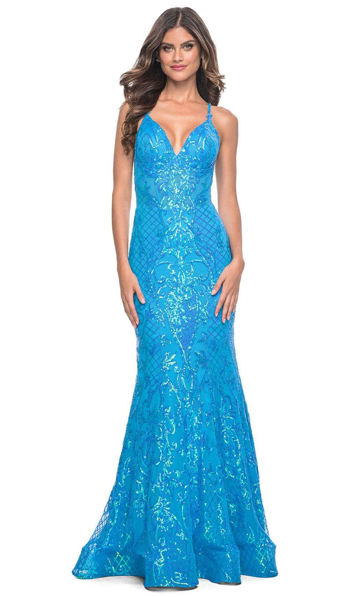 La Femme 32337 - Sequin Ornate Deep V-Neck Prom Gown Prom Dresses 00 / Aqua