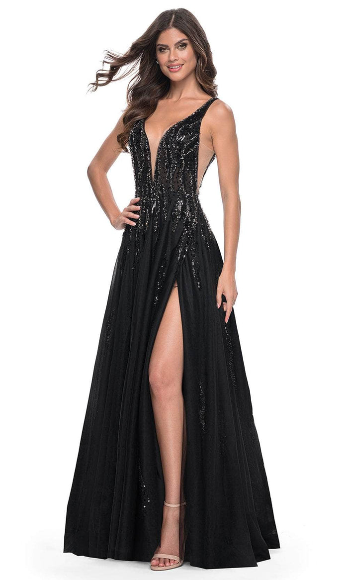 La Femme 32345 - Plunging V-Neck Rhinestone Embellished Prom Gown Evening Dresses 00 / Black