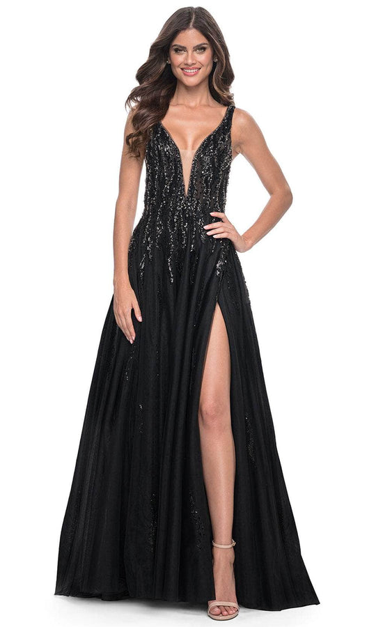 La Femme 32345 - Plunging V-Neck Rhinestone Embellished Prom Gown