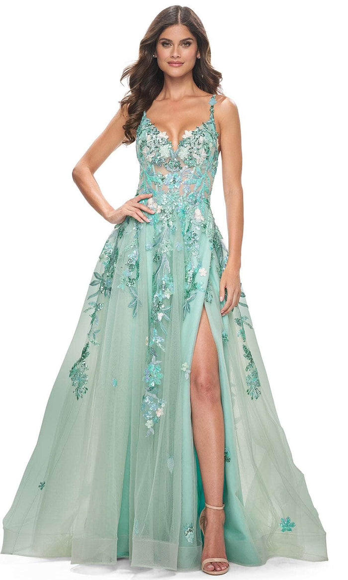 La Femme 32347 - Sleeveless Lace Applique Prom Gown Evening Dresses 00 / Sage