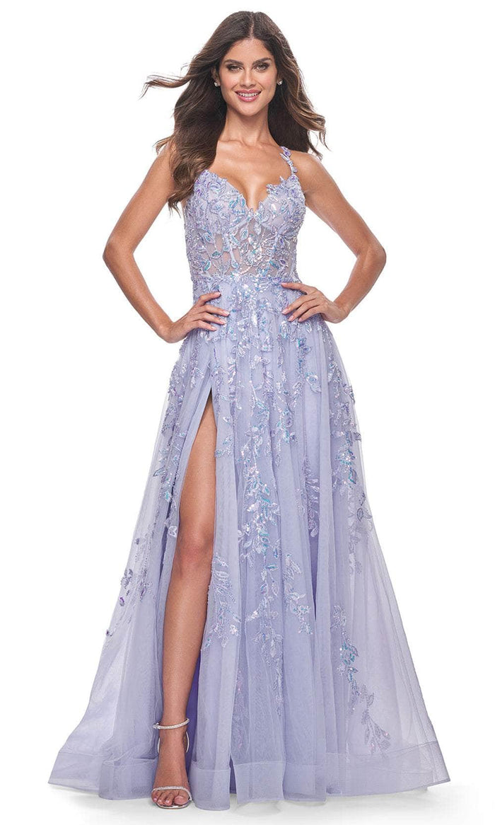 La Femme 32349 - V-Neck Lace Applique Prom Gown Evening Dresses 00 / Light Periwinkle