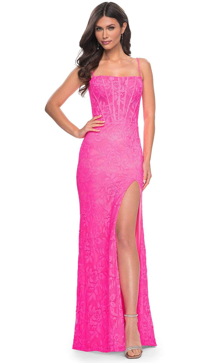 La Femme 32423 - Lace Spaghetti Strap Prom Dress Prom Dresses 00 / Neon Pink