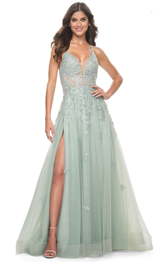 La Femme 32438 - Lace Applique Deep V-Neck Prom Gown