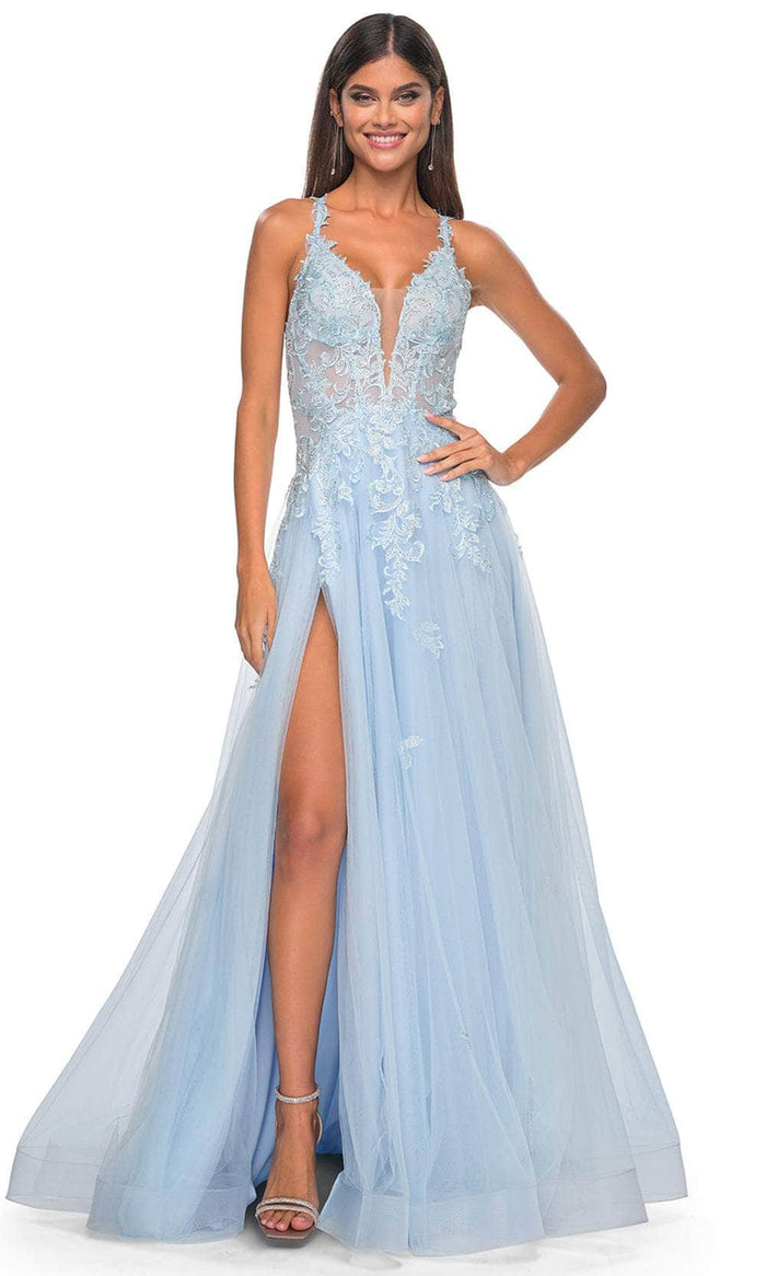 La Femme 32438 - Lace Applique Deep V-Neck Prom Gown Evening Dresses 00 / Light Blue