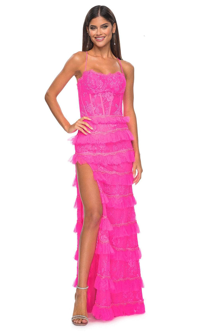 La Femme 32442 - Embellished Sleeveless Tiered Skirt Prom Gown' Evening Dresses 00 / Neon Pink