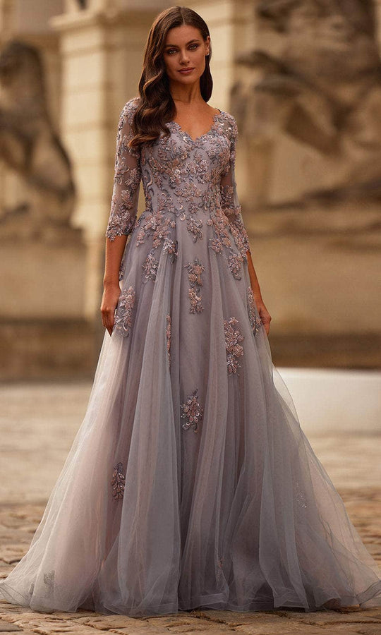 La Femme 32605 - Floral Applique A-line Evening Gown