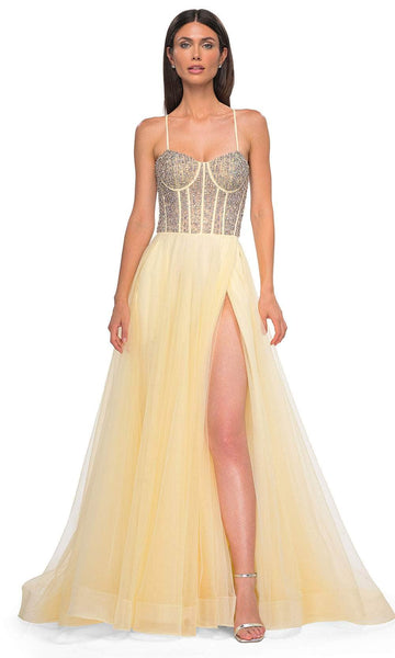 La Femme 32703 - Long Rhinestone/Tulle A-Line Dress - Sleeveless, Corset Bodice, Rhinestone Embellished, Lace-Up Back, Back Zipper Closure, Slit, Train Couture Candy La Femme 32703 - Long Rhinestone/Tulle A-Line Dress - Sleeveless, Corset Bodice, Rhinestone Embellished, Lace-Up Back, Back Zipper Closure, Slit, Train Couture Candy