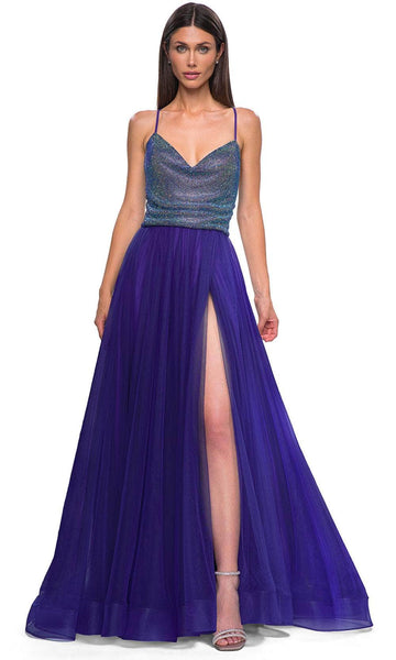 fitted lace wedding dress La Femme 32838 Cowl Neck Iridescent Beaded Prom Gown