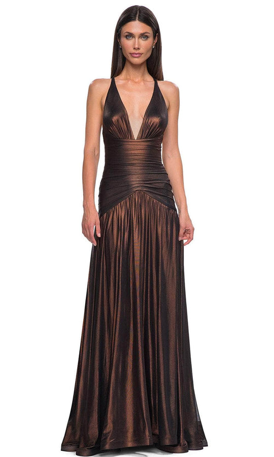 La Femme 32887 - Plunging Neckline Ruched Bodice Prom Gown