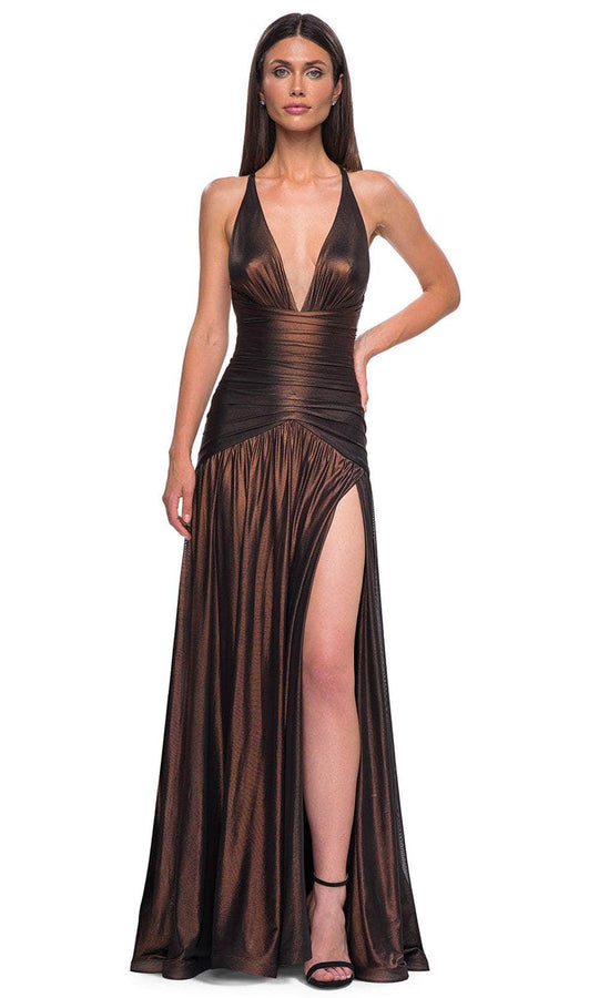 La Femme 32887 - Plunging Neckline Ruched Bodice Prom Gown