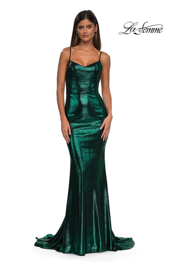 La Femme 32932 - V-Neckline Brushed Metallic Jersey Prom Gown