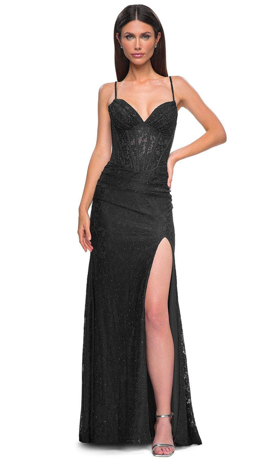 La Femme 32947 - Deep V-Neck Lace Bodice Prom Gown