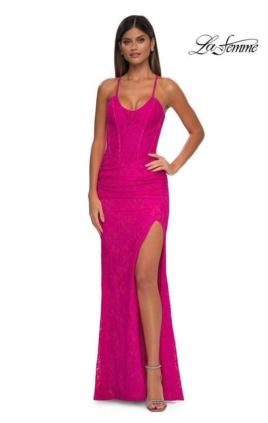 La Femme 33036 - Floral Lace Scoop Neck Prom Gown