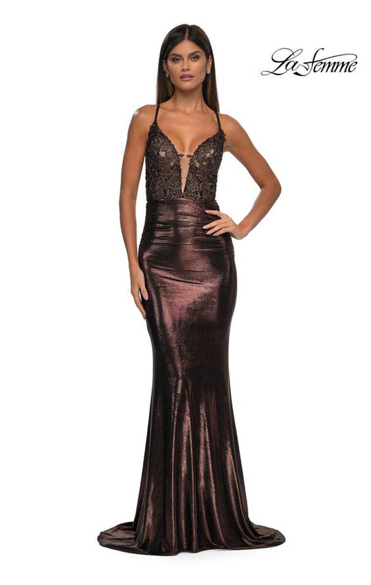 La Femme 33059 - Plunging V-Neckline Metallic Jersey Prom Gown