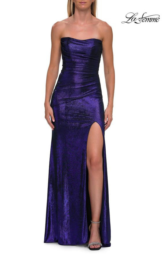 La Femme 33291 - Metallic Strapless Fitted Gown with Slit