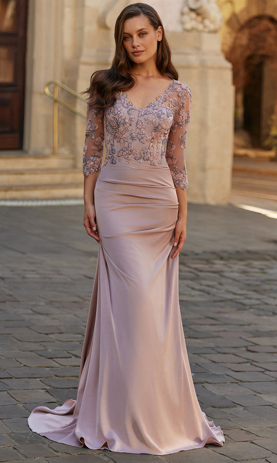 La Femme 33335 - Three-Quarter Sleeve Embroidered Illusion Gown