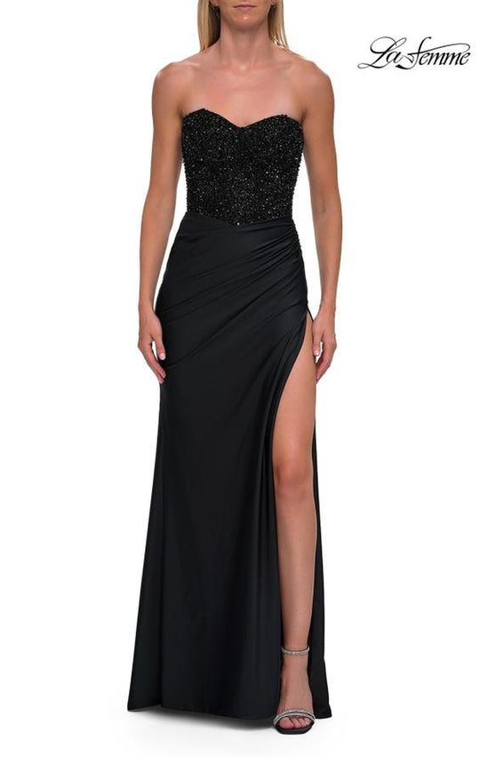 La Femme 33355 - Beaded Corset Sweetheart Slit Gown