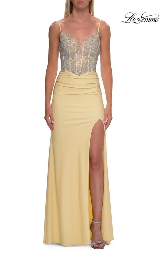 La Femme 33357 - Beaded Illusion Bodice V-Neck Dress