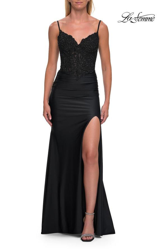 La Femme 33439 - Rhinestone Lace V-Neckline Prom Dress