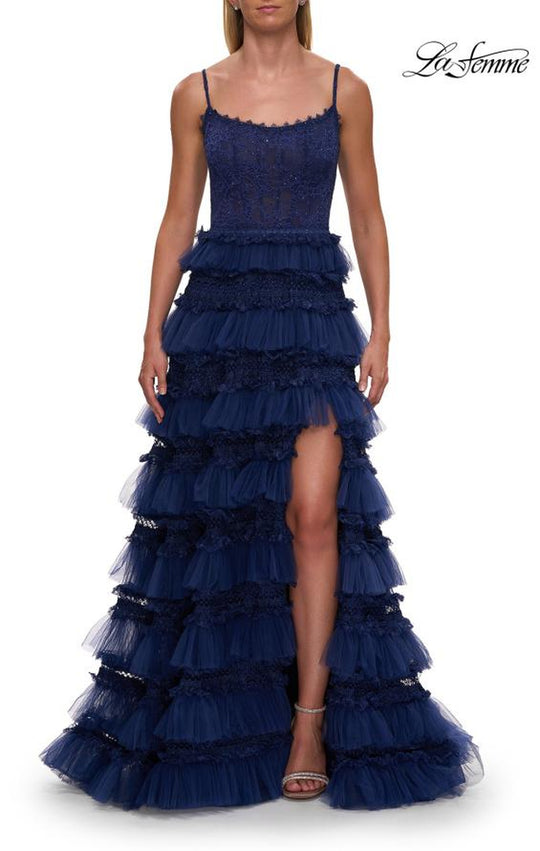 La Femme 33493 - Tiered Ruffle Slit Evening Gown