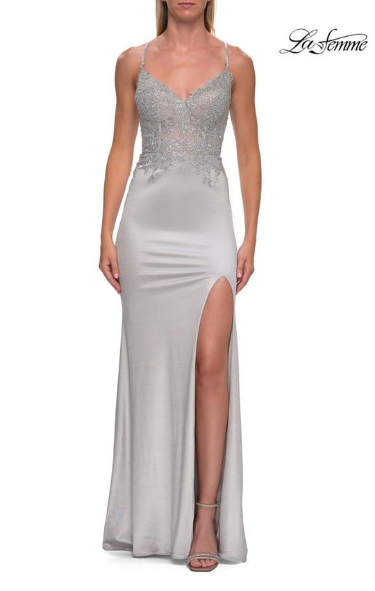 La Femme 33498 - Beaded Lace Fitted Dress with Slit
