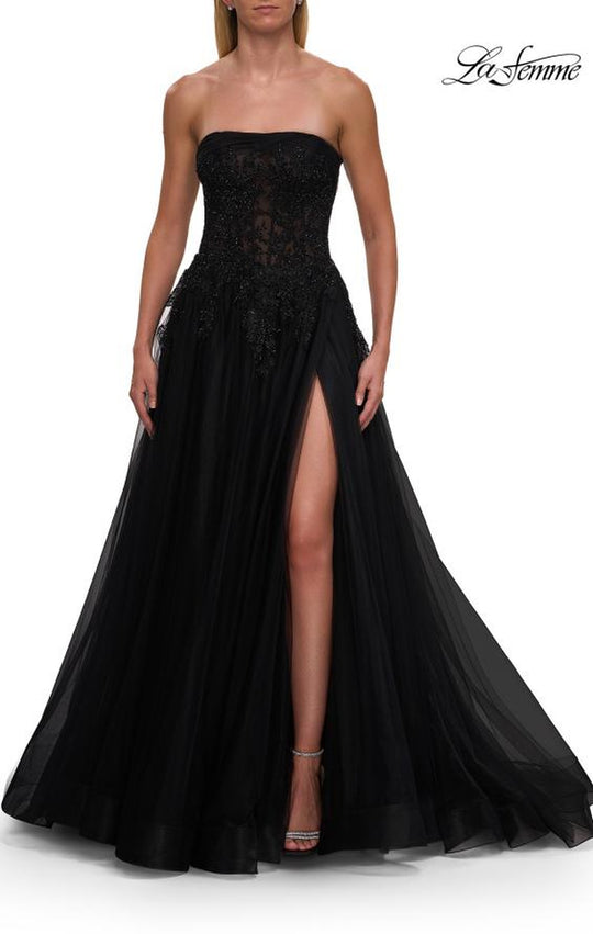 La Femme 33528 - Strapless Embroidered Corset Gown with Slit
