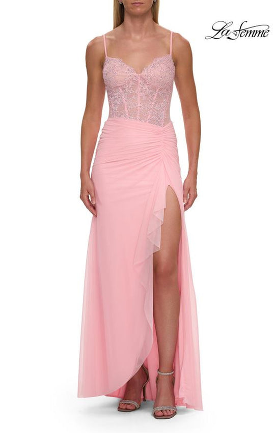 La Femme 33661 - Sweetheart Lace Bodice Slit Long Gown