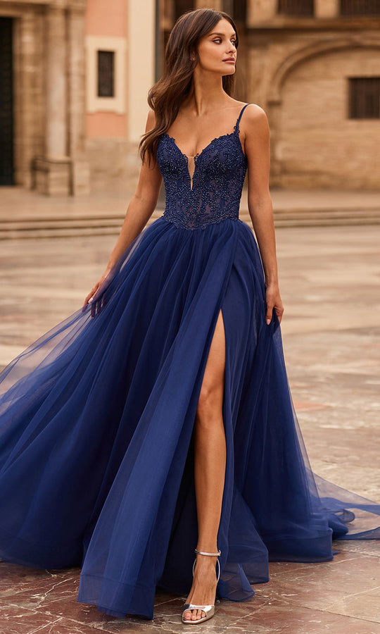 La Femme 33674 - Beaded Lace Plunge V Slit Prom Gown