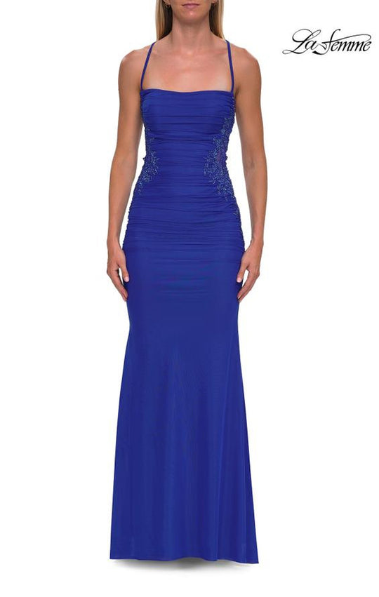 La Femme 33678 - Ruched Straight Neck Lace-Up Gown