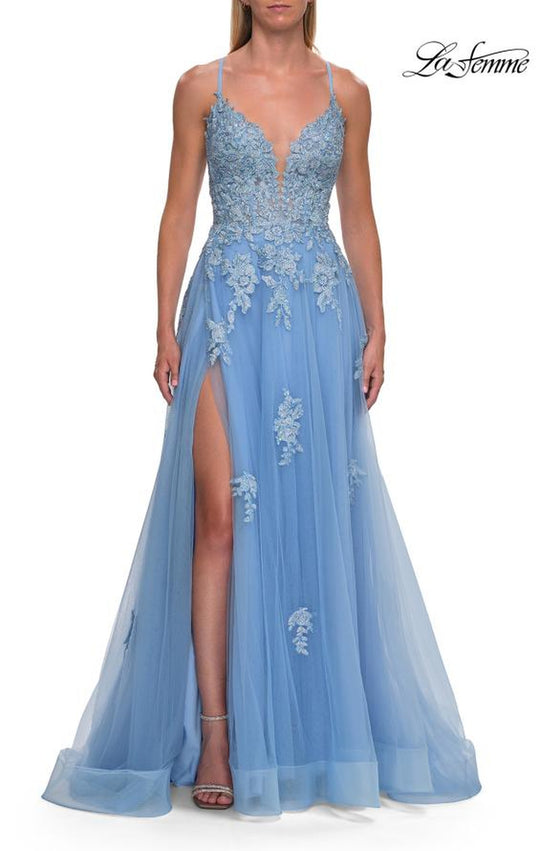 La Femme 33716 - Floral Embroidered Plunging Prom Gown