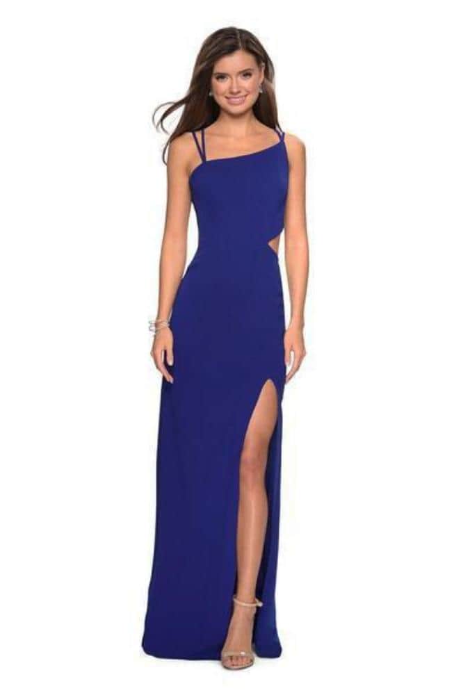 La Femme - Asymmetrical Neckline Strappy Jersey Evening Dress 27126SC Prom Dresses 6 / Royal Blue