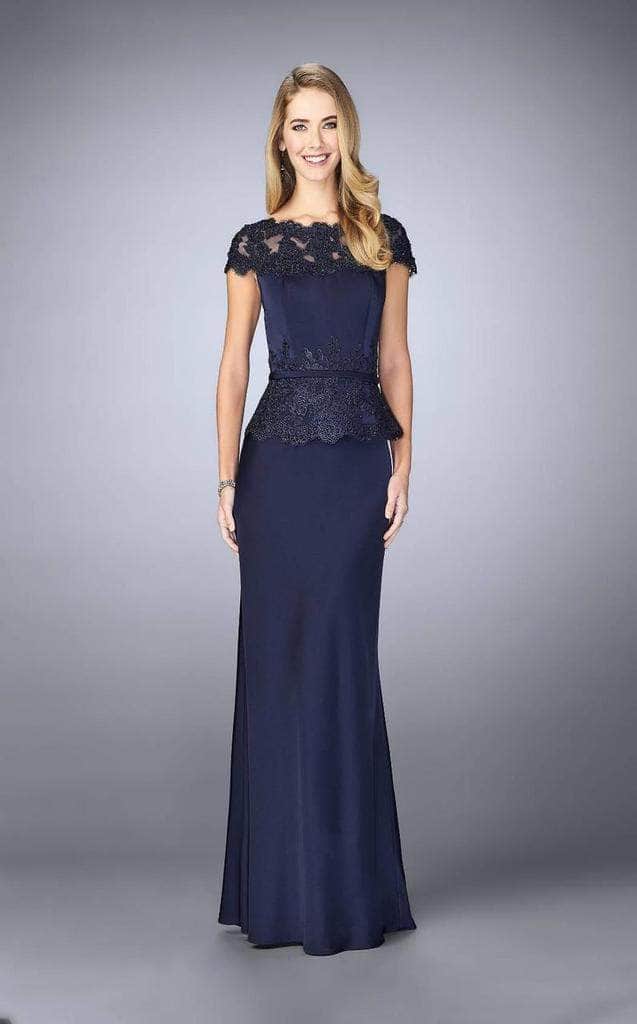 La Femme Bateau Neck Festooned Peplum Evening Gown 23444SC - 1 pc. Navy in Size 6 and 1 pc Crimson in Size 14 Available Evening Dresses 6 / Navy