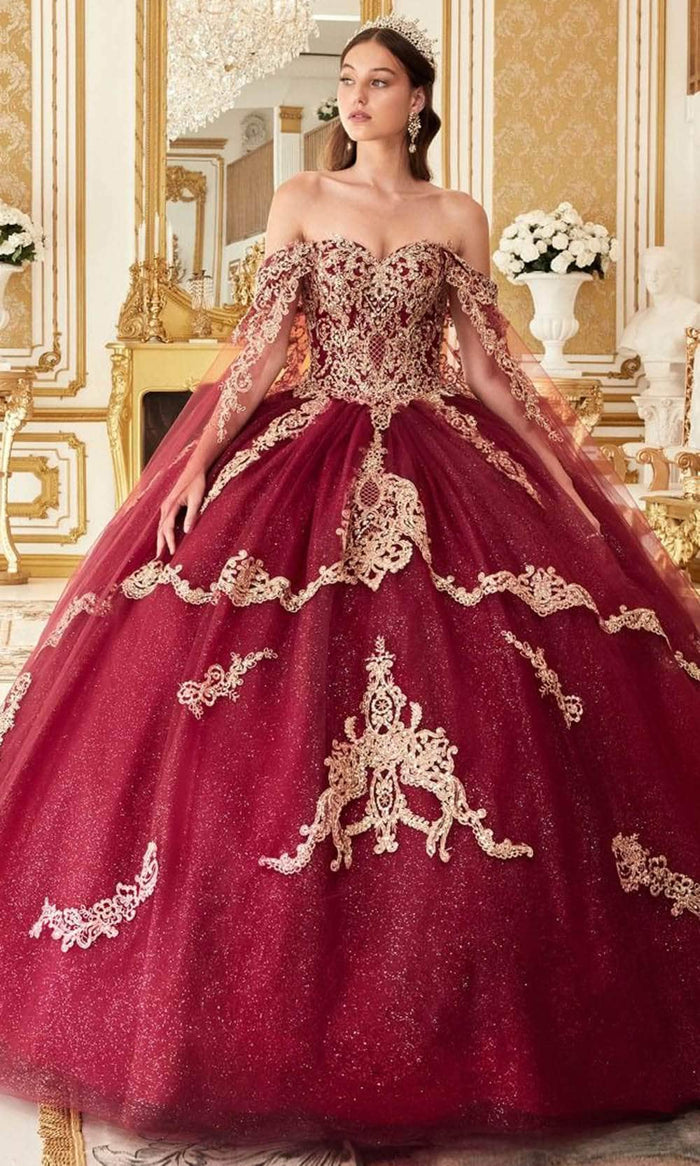 Ladivine 15711 - Lace Applique Embellished Off-Shoulder Ballgown Ball Gowns XXS / Burgundy