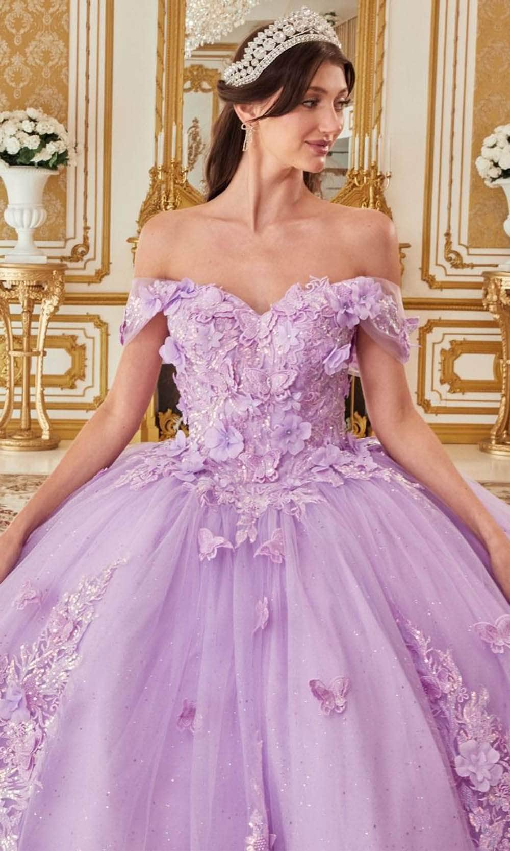 Lavender 3D Floral Lace A Line Sleeves Long Prom Dresses PSK446 – Pgmdress
