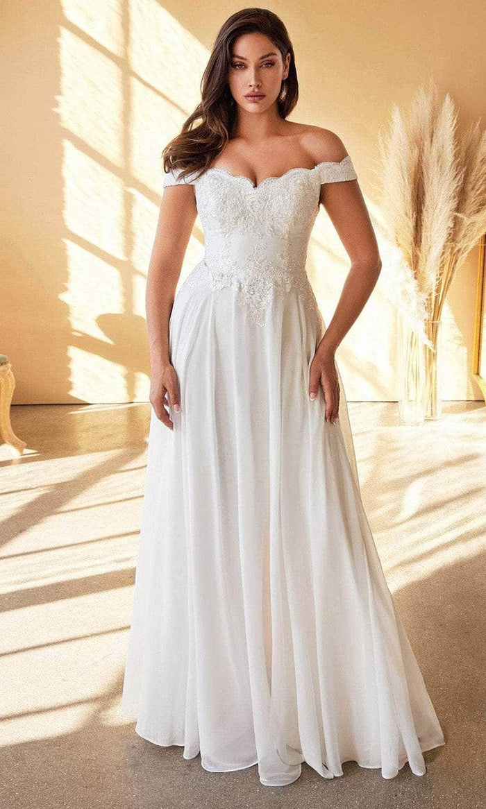 Ladivine 7258W - Scalloped Off Shoulder Bridal Gown Special Occasion Dress XXS / Off White