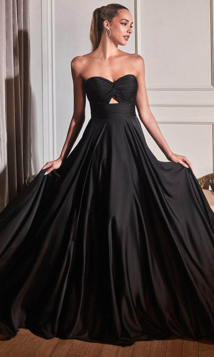 Ladivine 7496 - Keyhole Strapless Satin A-line Gown Special Occasion Dress 2 / Black
