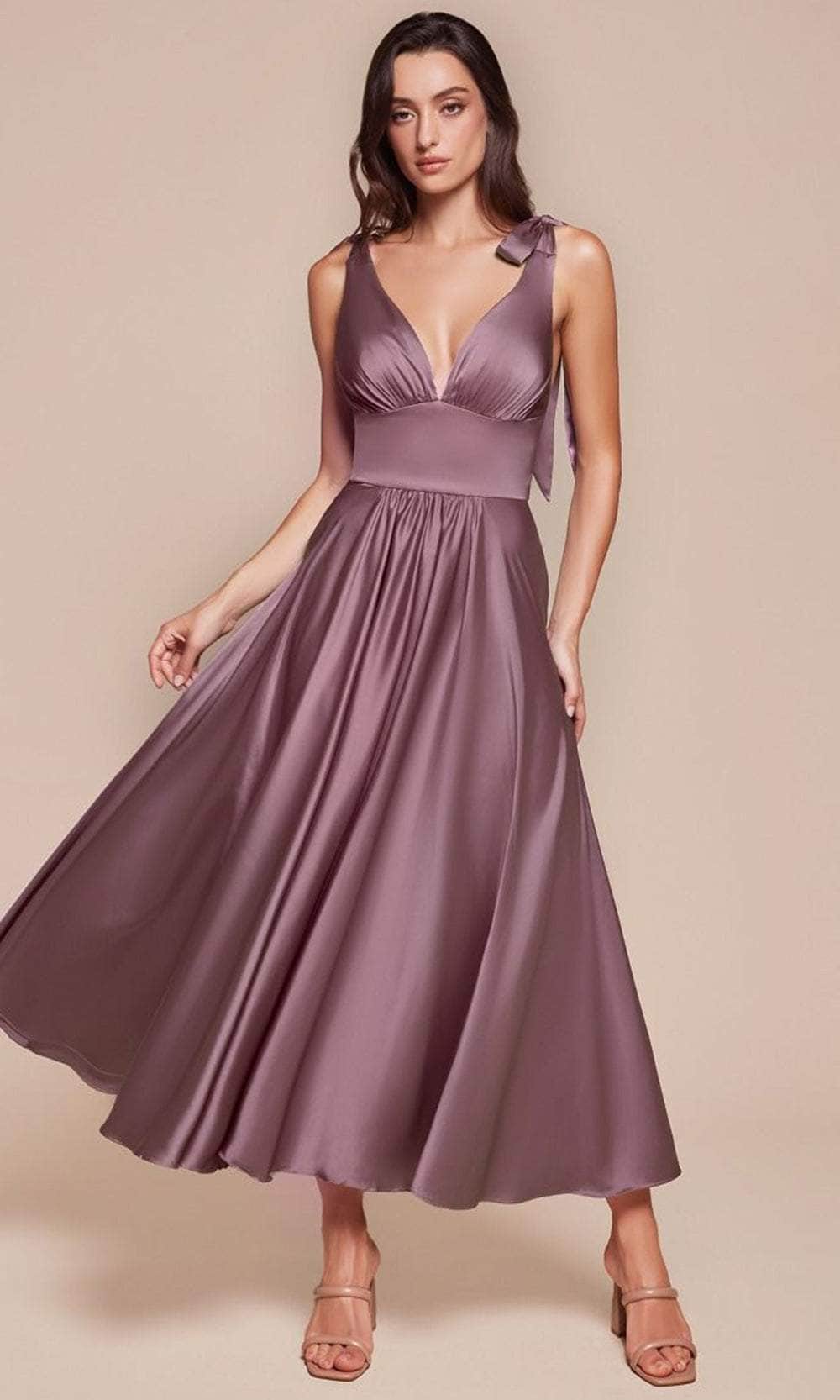 Ladivine 7499 - Tea Length Satin A-Line Dress