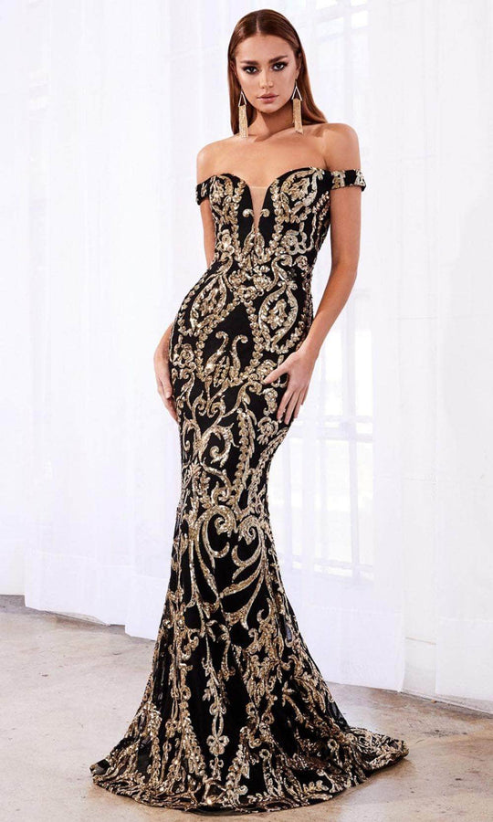 Ladivine 9234 - Off Shoulder Gold Sequin Prom Gown Special Occasion Dress 8 / Black Gold