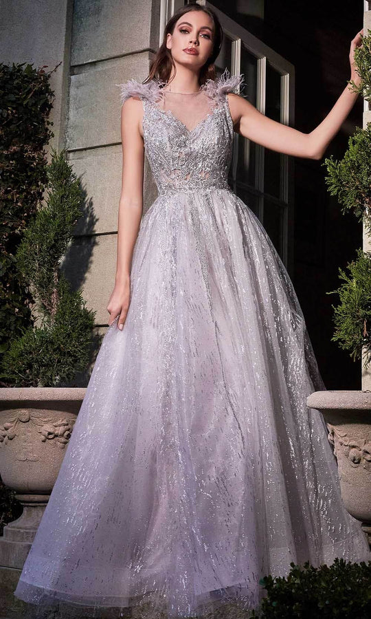 Ladivine B704 - Feather Layered Jewel Neck Evening Dress