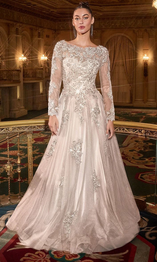 Ladivine Bridal J883W - Embroidered Ballgown with Sheer Sleeves