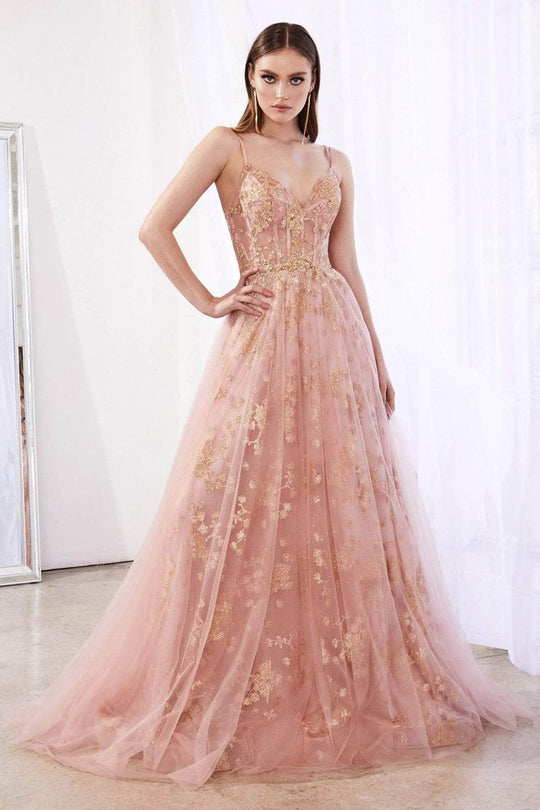 Ladivine CB047 - Beaded Appliqued V-Neck Prom Gown Special Occasion Dress 14 / Rose Gold