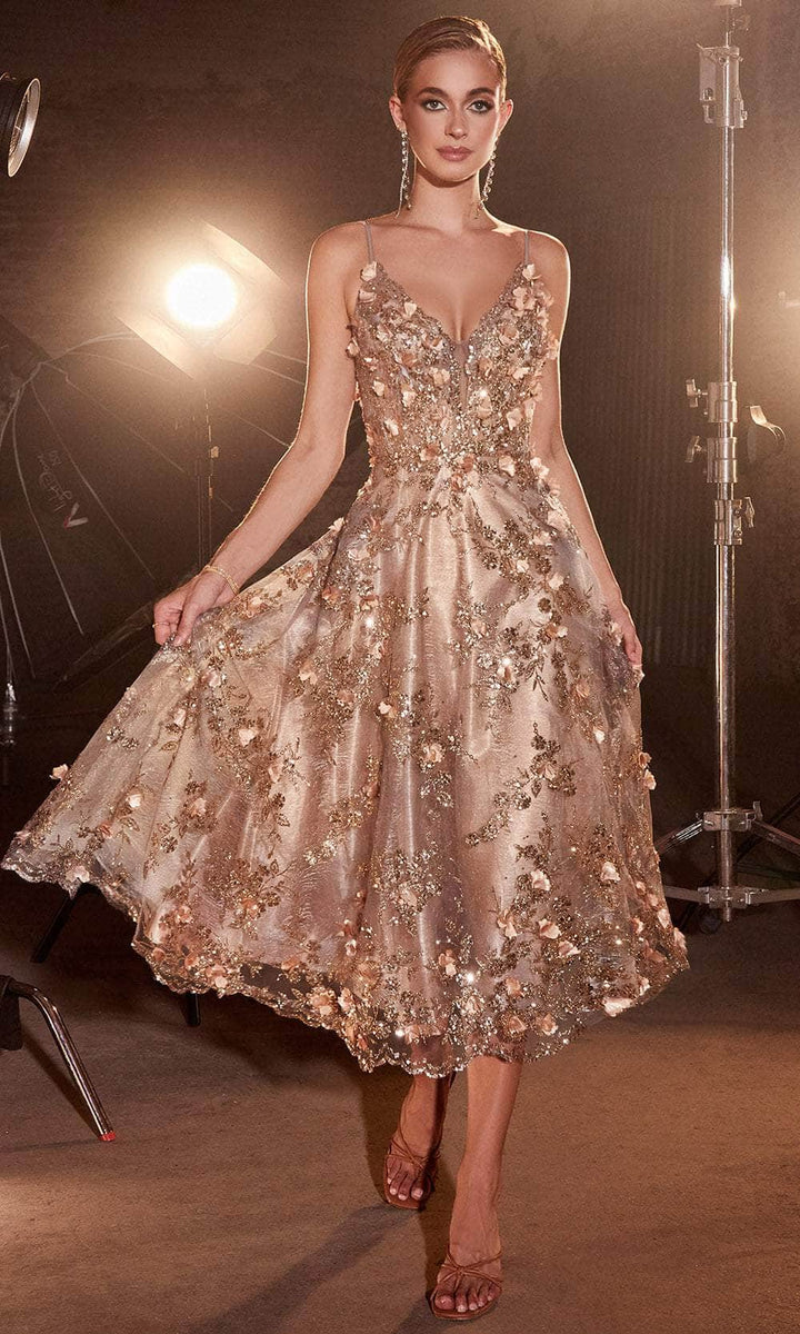 LaDivine CD0187W Tea Length A Line Glitter Print Wedding Dress main image 0