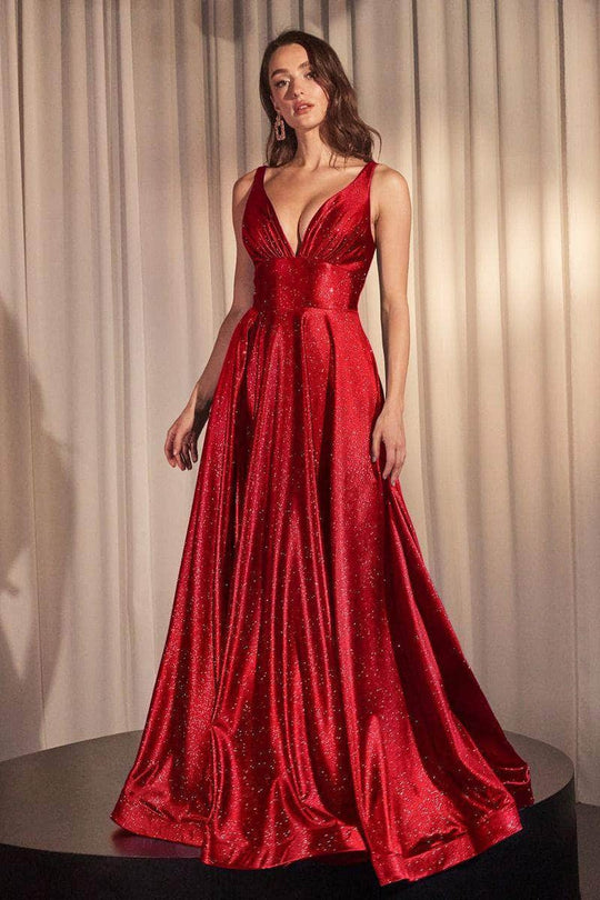 Ladivine CC2349 - Plunging V-Neck Glitter Satin Prom Gown