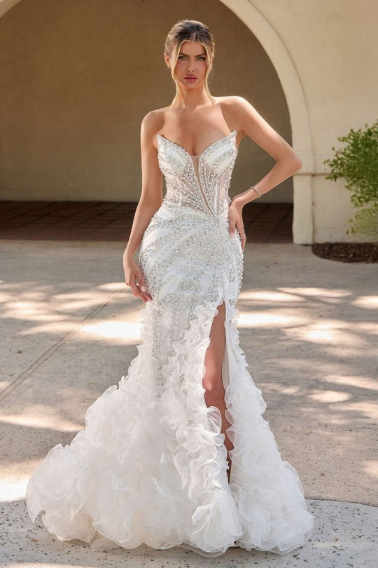 Ladivine CC2488W - Plunging V-Neck Ruffled Mermaid Bridal Dress