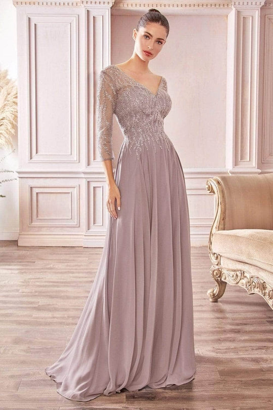 Ladivine CD0171 - Sheer Quarter Beaded Chiffon Gown