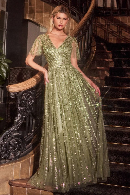 Ladivine CD0241 - Short Sleeve Beaded Evening Gown