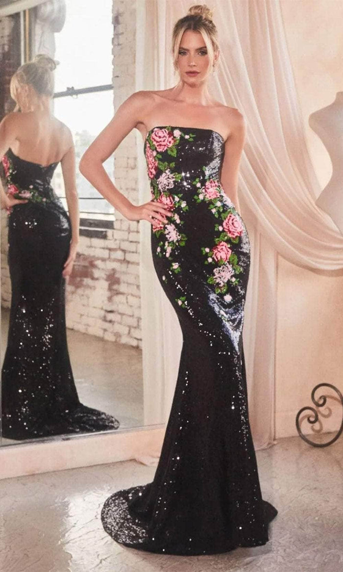 Ladivine CD811 - Floral Embroidered Strapless Prom Gown Prom Dresses 2 / Black